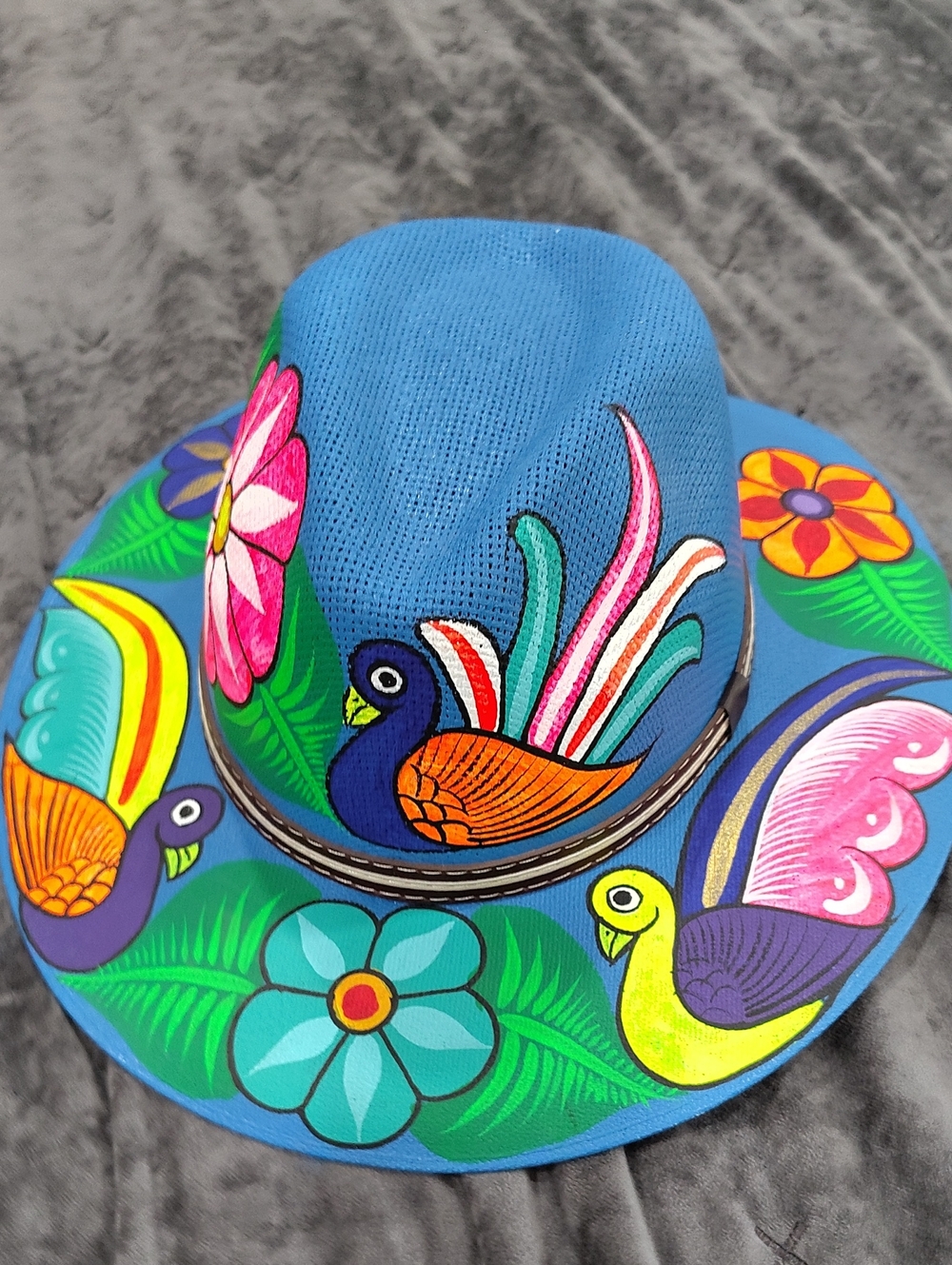 Colorful Blue Kids Toy Hat with Hand-Painted Bird and Flower Design